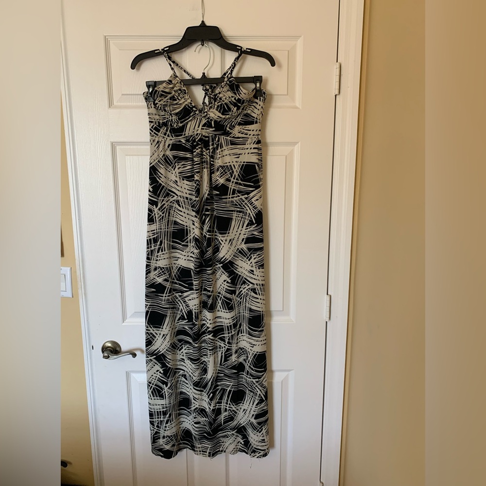 Fire Los Angeles Abstract Print Maxi‎ Dress with Neck Tie, Black and Cream